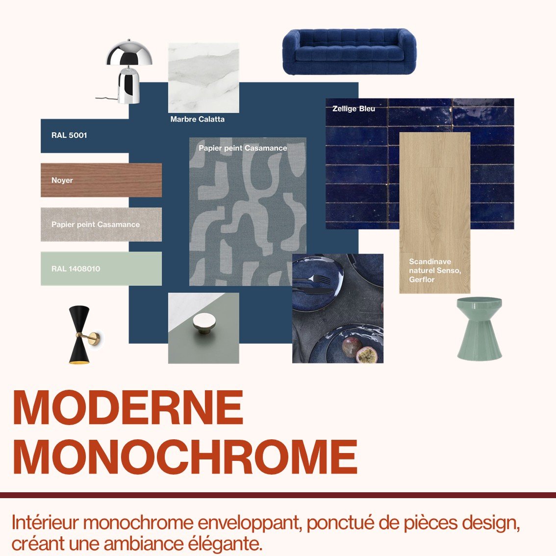 Palette de décoration intérieure avec des échantillons de matériaux et meubles modernes, dont un canapé bleu, une lampe, des carreaux bleus et bois, une table en bois naturel, et plusieurs couleurs neutres et foncées.