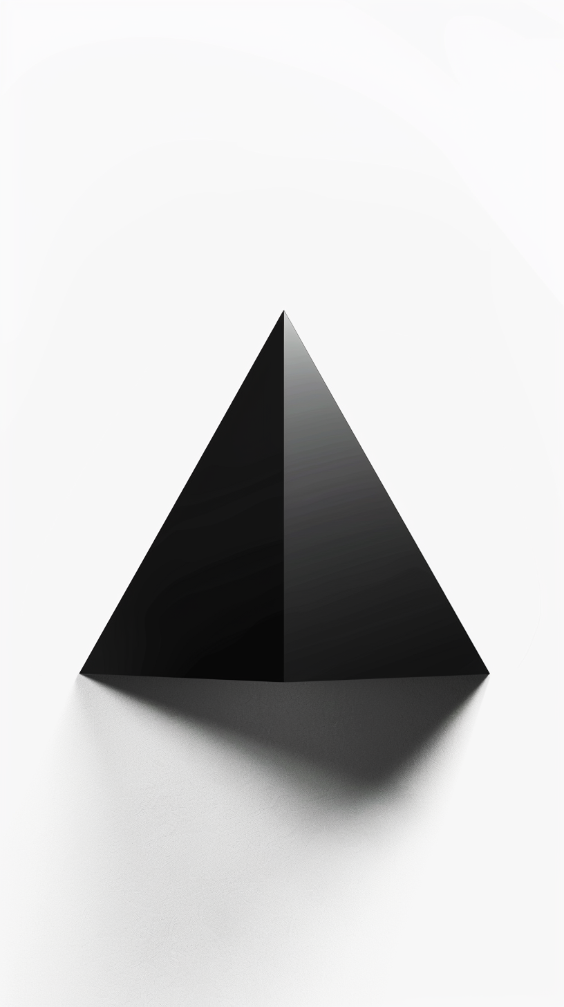A black pyramid sculpture casting a shadow on a white surface with a plain white background.