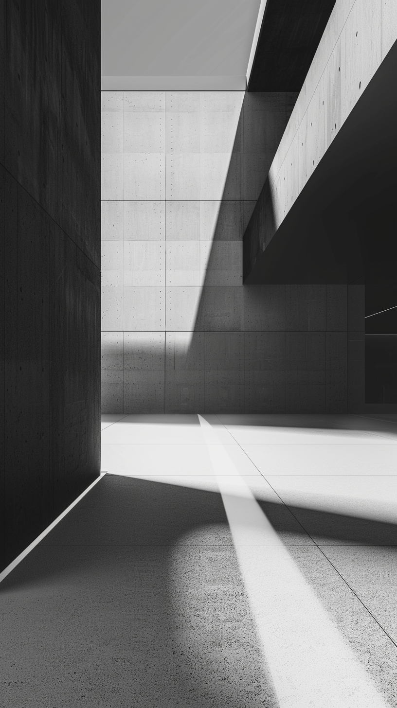 Modern architectural interior with concrete walls, geometric shadows, and minimalistic design in black and white.
