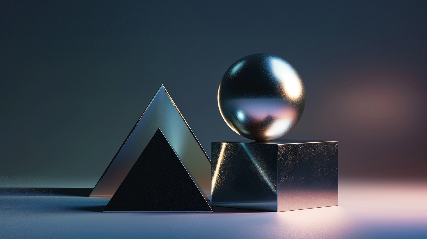 A metallic pyramid, a cube, and a sphere, all with reflective surfaces, on a dark background with soft lighting.