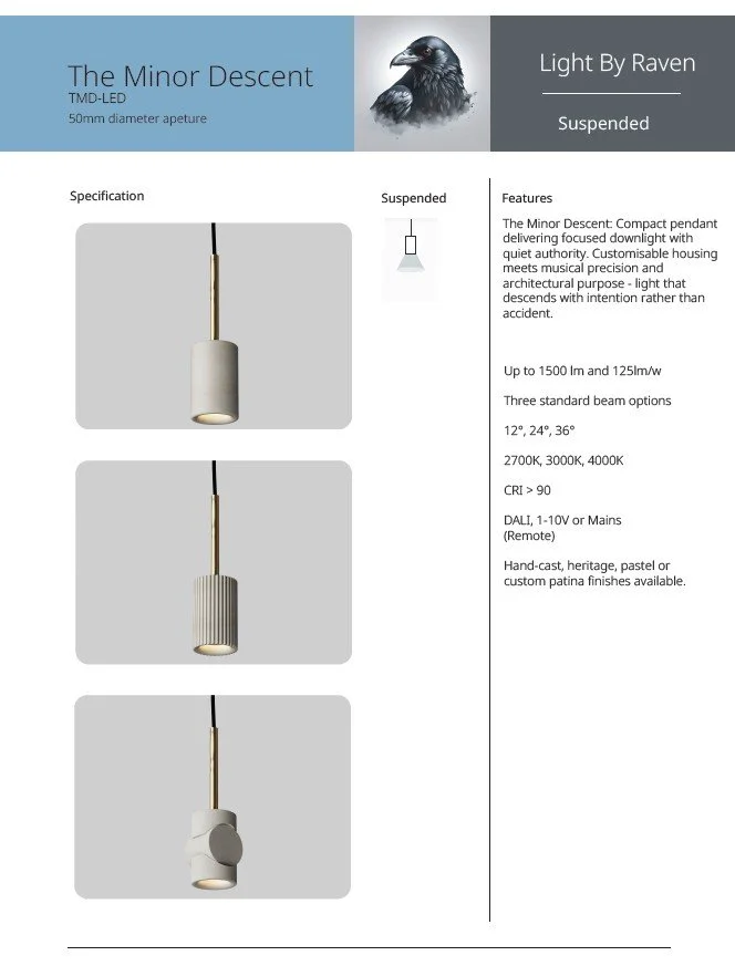 Details of the Minor Descent suspended pendant light fixture, including specifications and features, with images of three different pendant light designs.