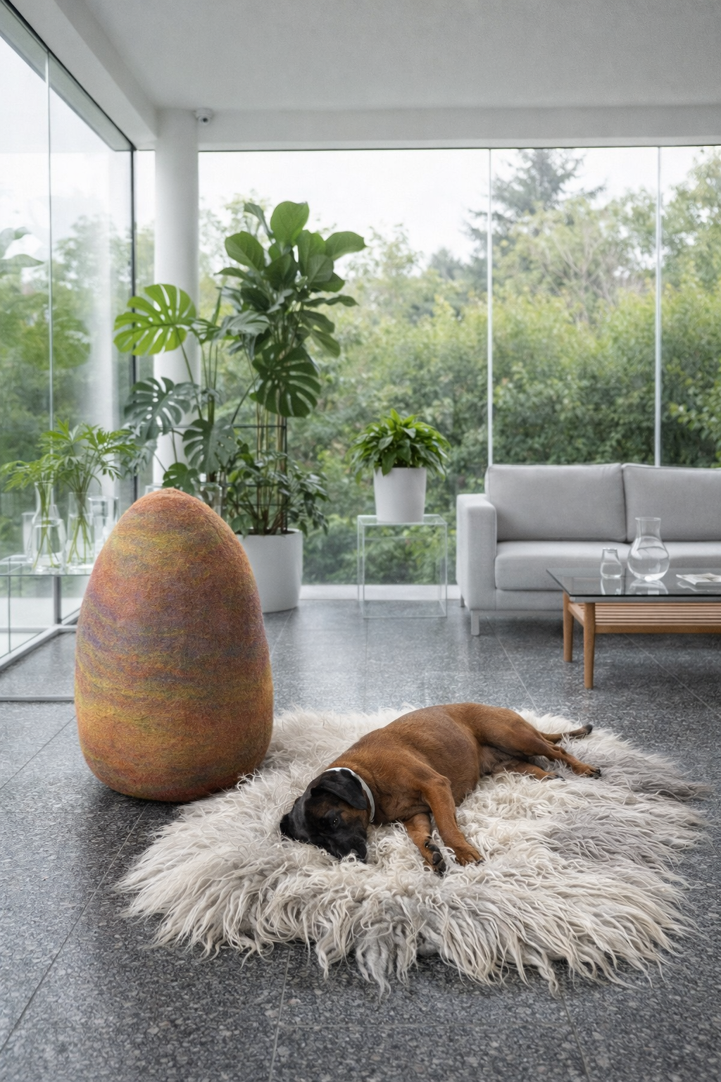 woonaccessoires zoals een gevilte kei en een gevilte schapenvacht brengen de natuur in huis