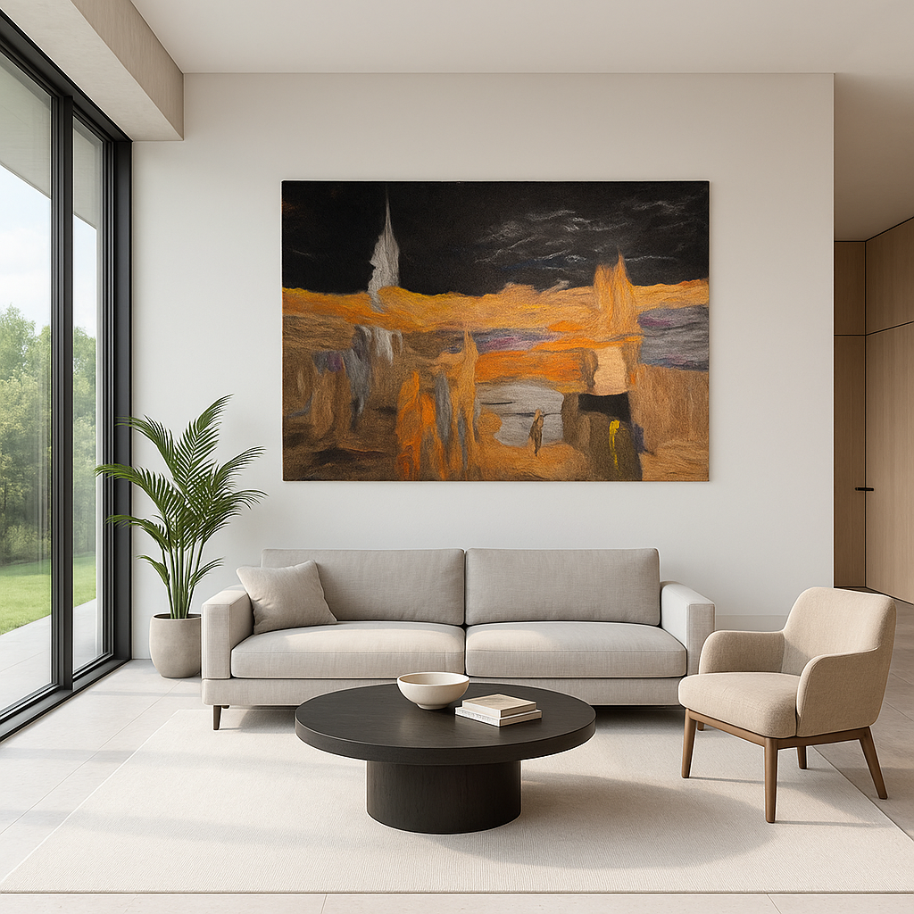 kunstwerk, werkt als rustgevend akoestisch wandpaneel, kunstwerk in vilt, handgemaakt