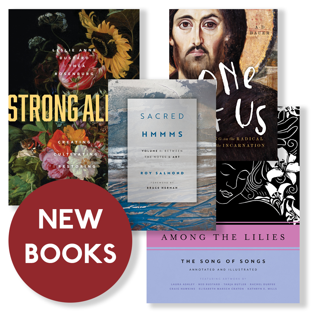 Collage of various book covers, including 'Strong Allies' by Leslie Anne Bustard and Théa Rosenburg, 'Sacred Hmmms' by Roy Salmond, 'The U See' by A. D. Bauer, and 'Among the Lilies' by other authors. A large red circle with white text reads 'New Books'.