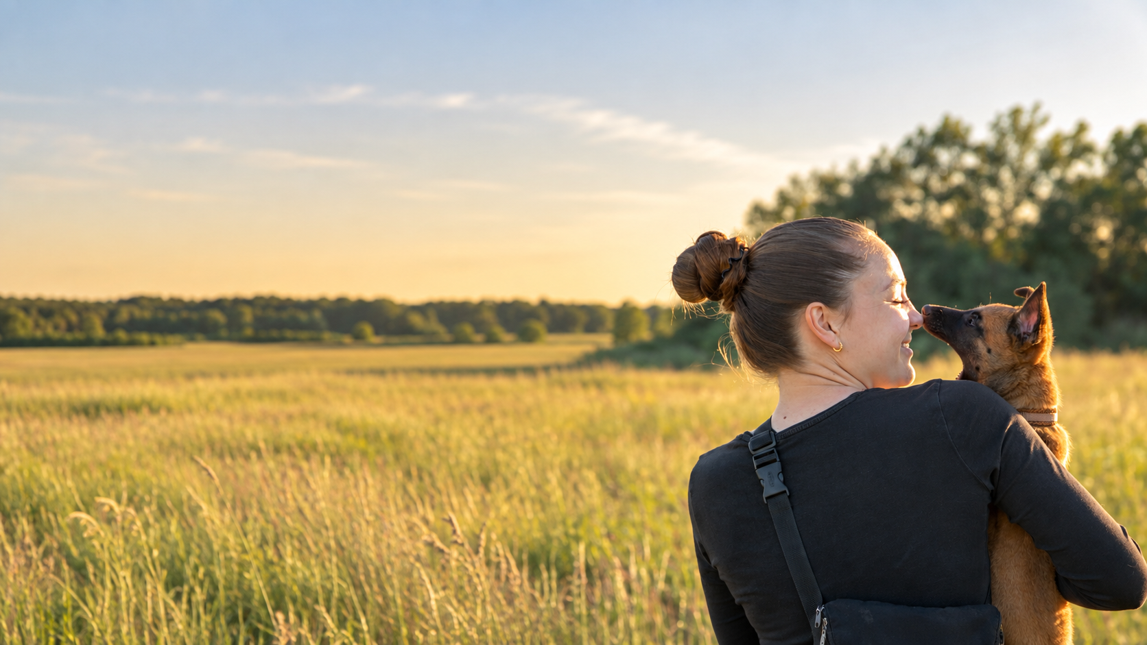 Hundetrainerin Vivienne von ViBaDog mit ihrem Hund auf einer Wiese bei Sonnenuntergang – Hundetraining für Alltag und Hundesport.