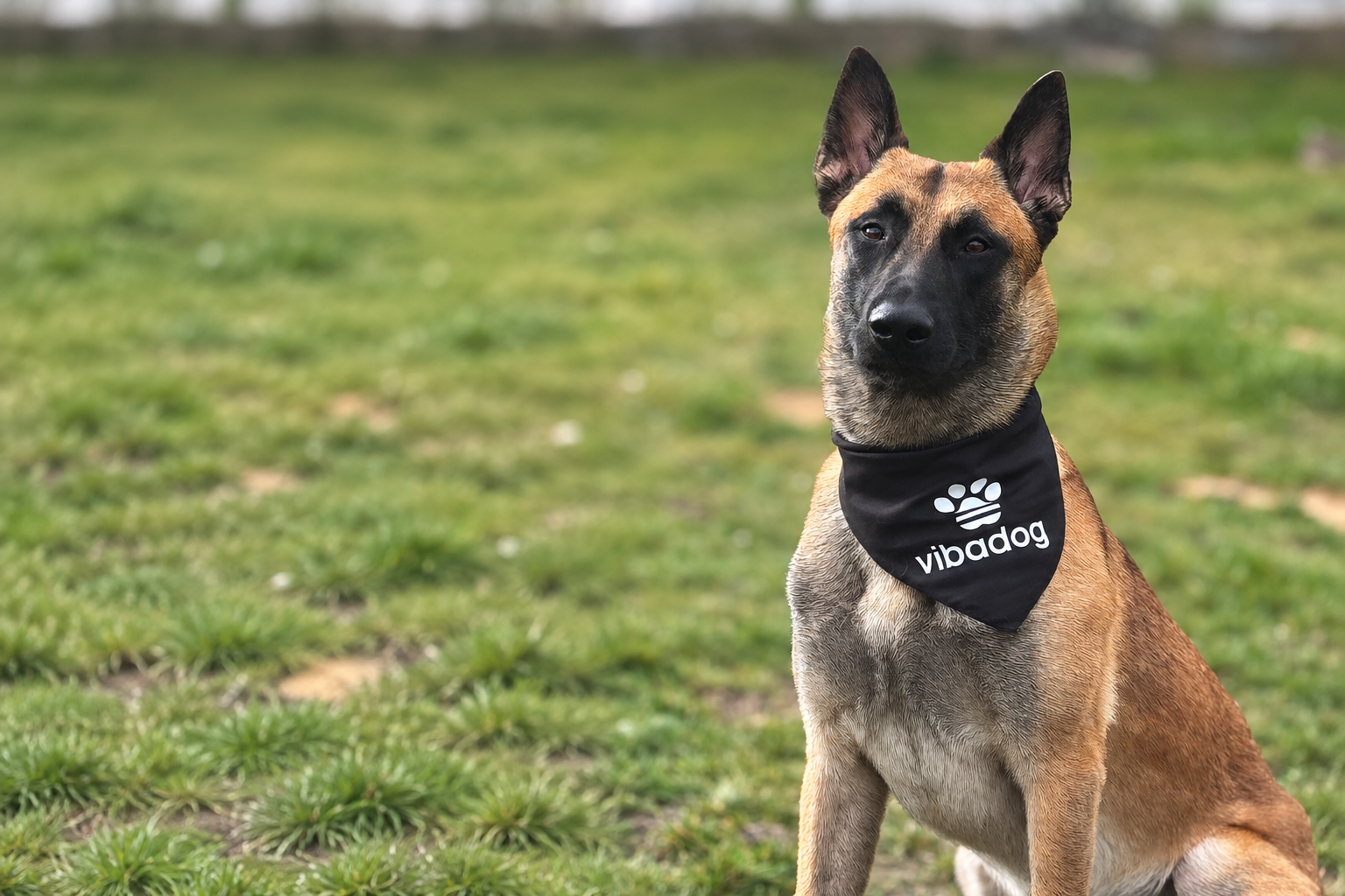Ein Hund, Belgischer Schäferhund (Malinois) mit schwarzem ViBaDog-Halstuch und Logo – Merchandise und Fanartikel von ViBaDog.