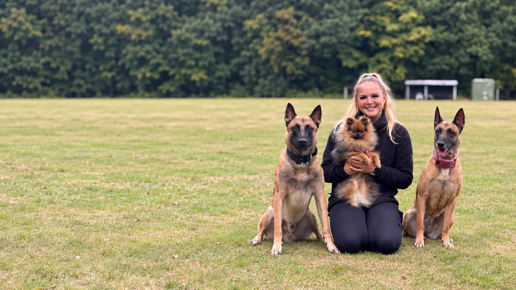 Hundetrainerin Vivienne, Gründerin von ViBaDog, mit zwei Malinois und einem Zwergspitz auf einer Wiese – ihre Leidenschaft für Hunde und Hundesport.