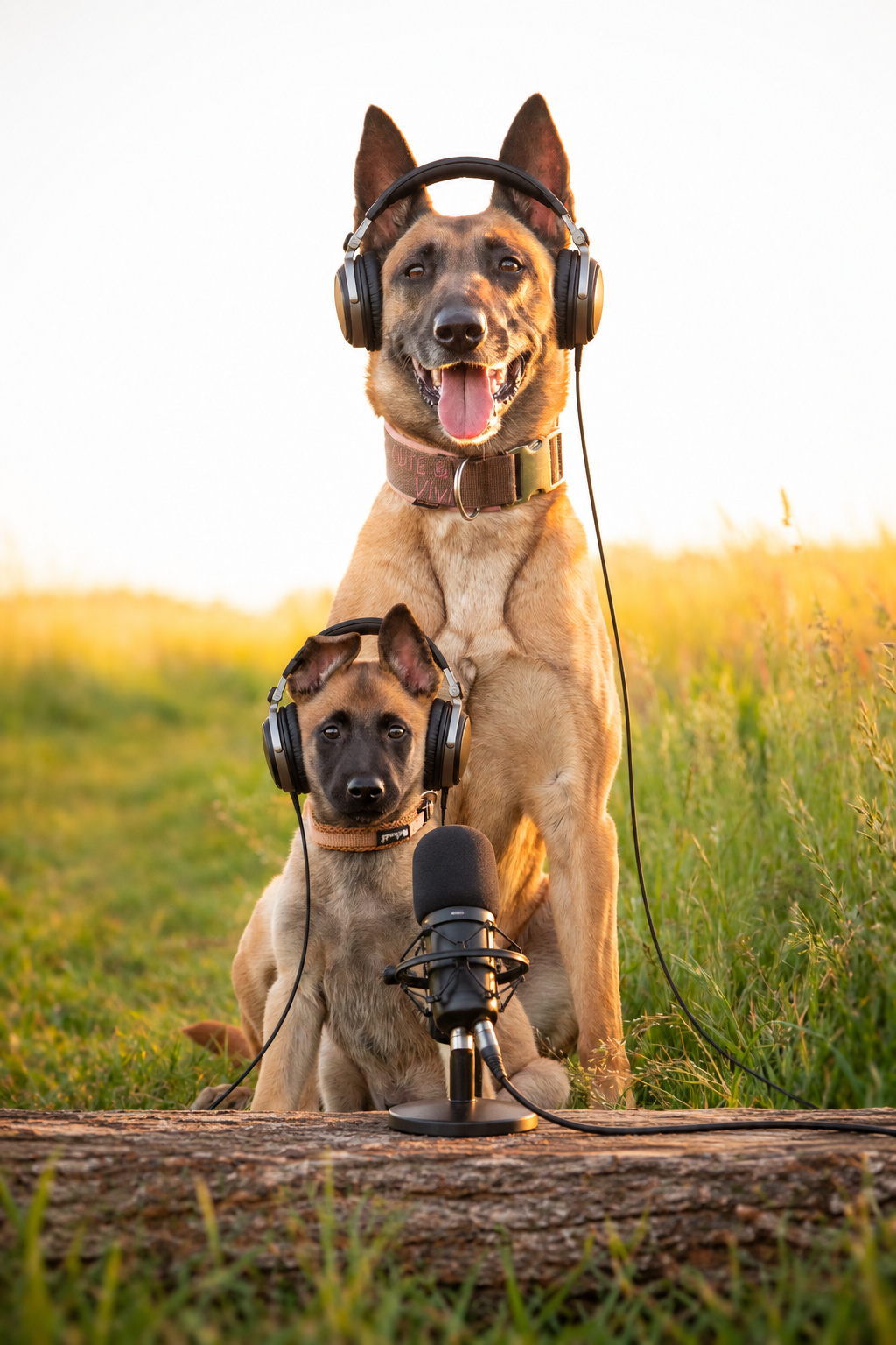 Zwei Belgische Schäferhunde (Malinois) mit Kopfhörern vor einem Mikrofon auf einer Wiese – illustrative Darstellung des ViBaDog-Hundepodcasts.