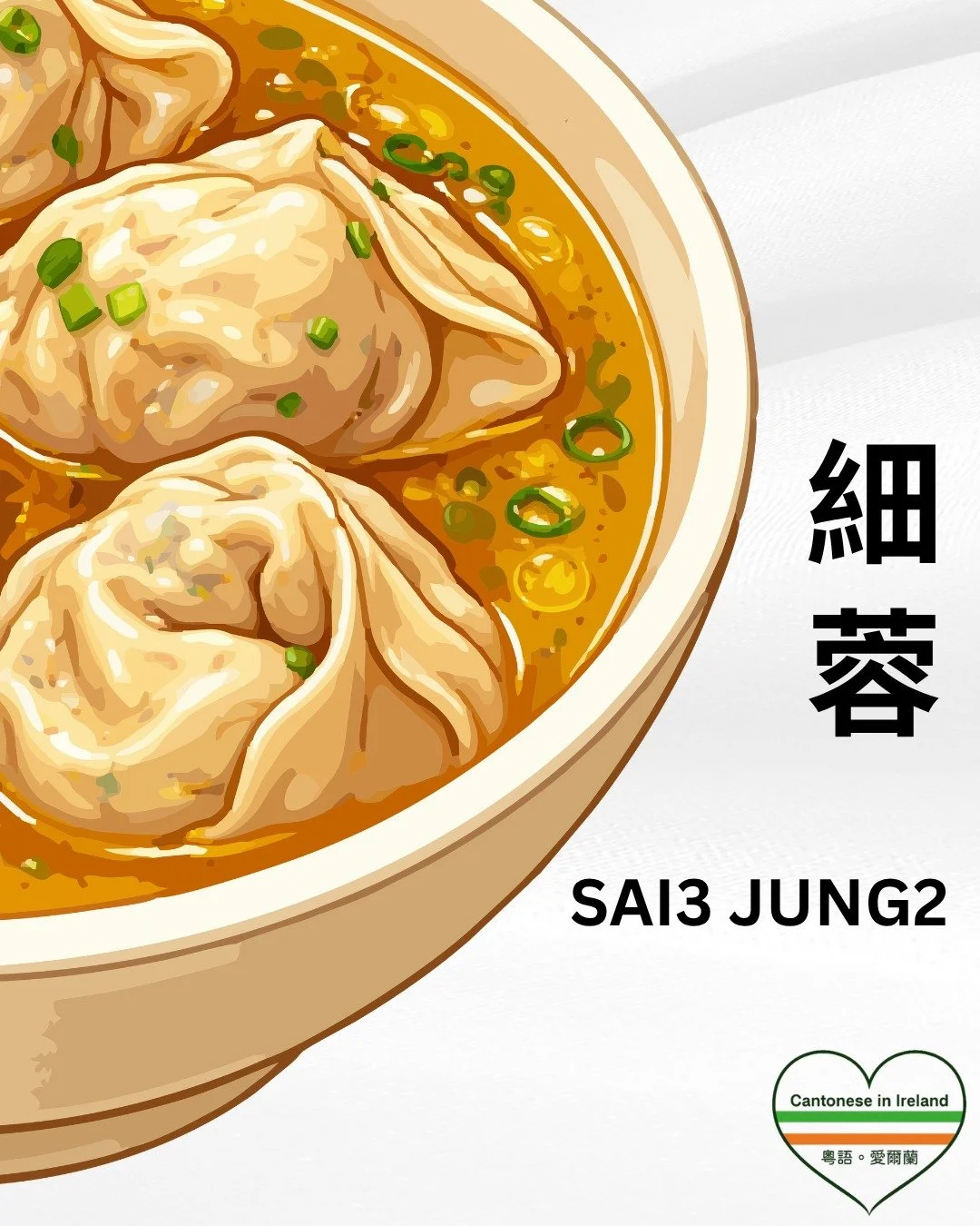 Weekly Cantonese: Sai3 Jung2
每週廣東話：細蓉

細蓉 / Small wonton noodles / Sai3 Jung2

Meaning / 意思:
A small portion of wonton noodles, usually with less noodles and wontons than a regular or large serving.
指份量較少嘅雲吞麵，通常比「大蓉」少麵同雲吞，適合食量較細或者想食輕啲嘅人。（量詞：碗）

補充說明：