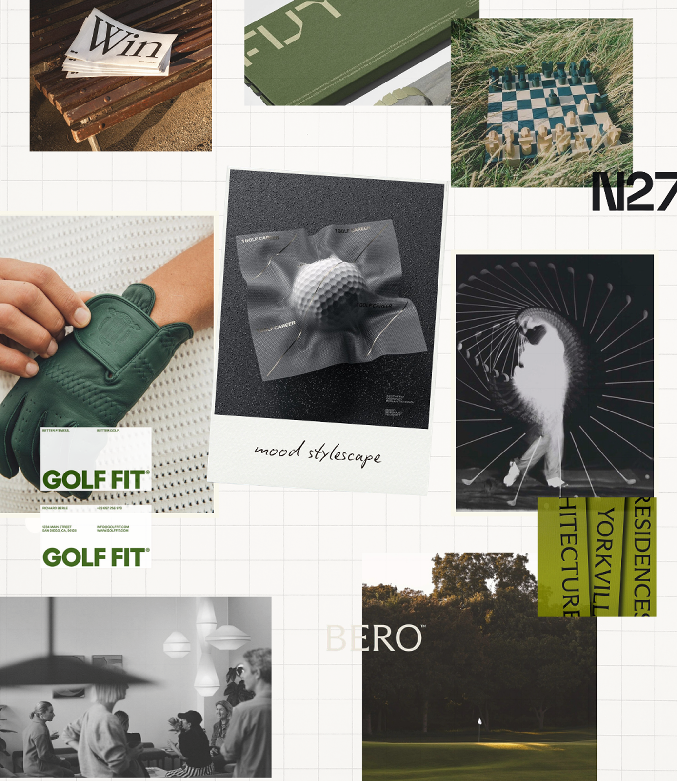 Brand moodboard for Intuitive Edge combining golf imagery, typography and textures to define a refined sports marketing visual identity