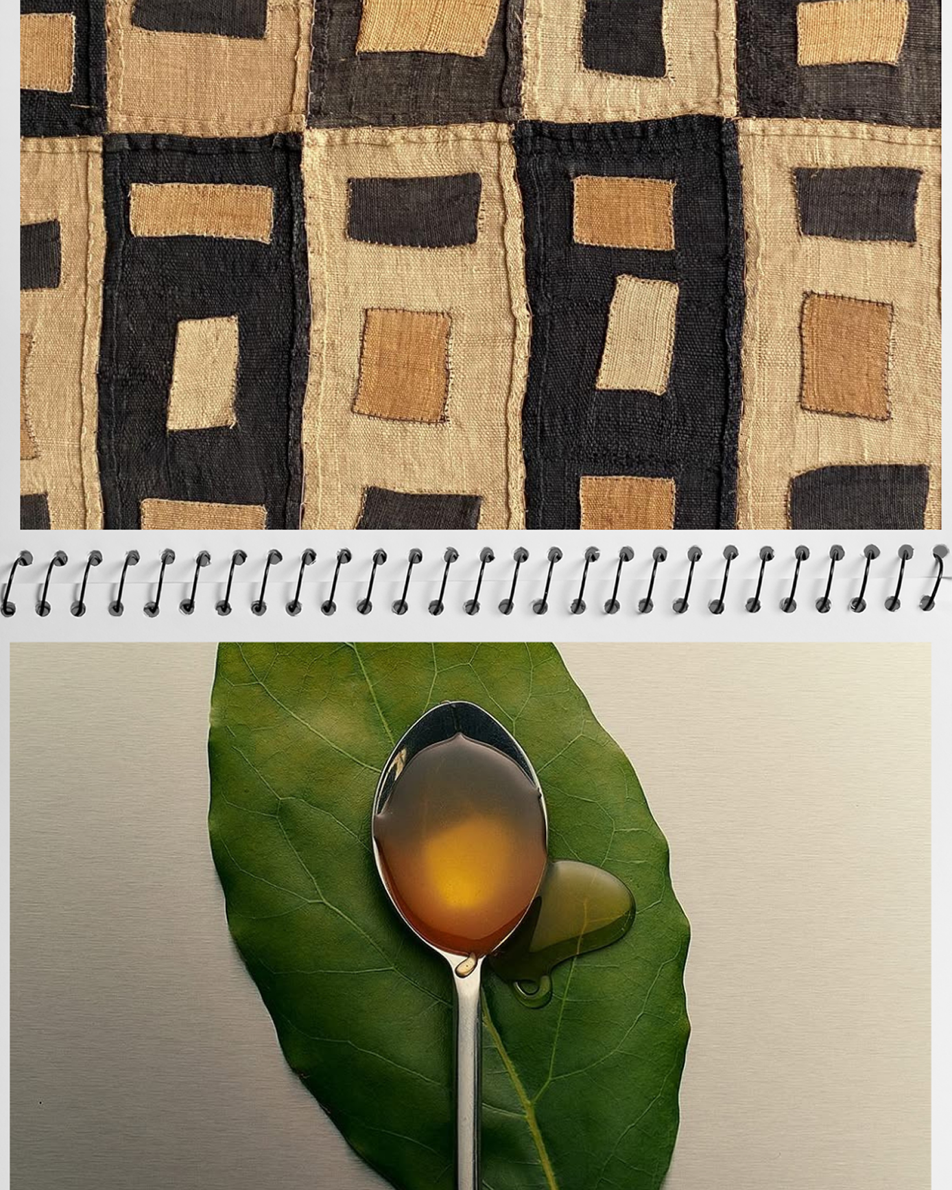 Material and product inspiration board for Richē wellness brand featuring traditional Congolese textile patterns, botanical imagery, and honey-inspired luxury product styling.