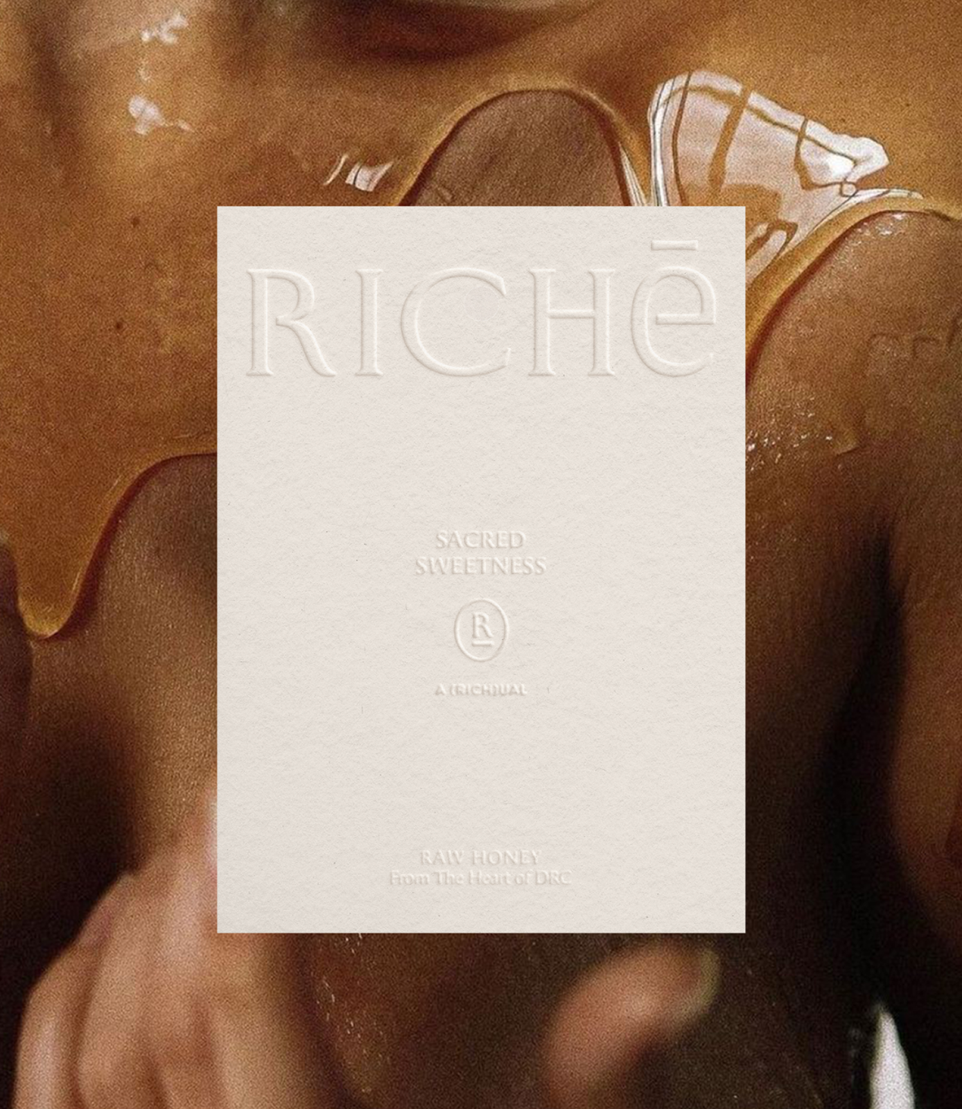 Embossed Richē honey packaging design with luxury minimalist branding layered over rich golden honey textures and warm earthy tones inspired by Congo.