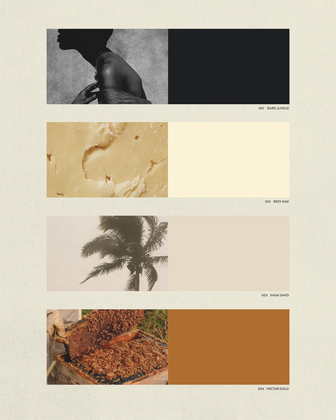 Richē luxury wellness brand colour palette featuring earthy neutrals, beeswax cream, jungle green, amber gold, and Congo-inspired visual references.