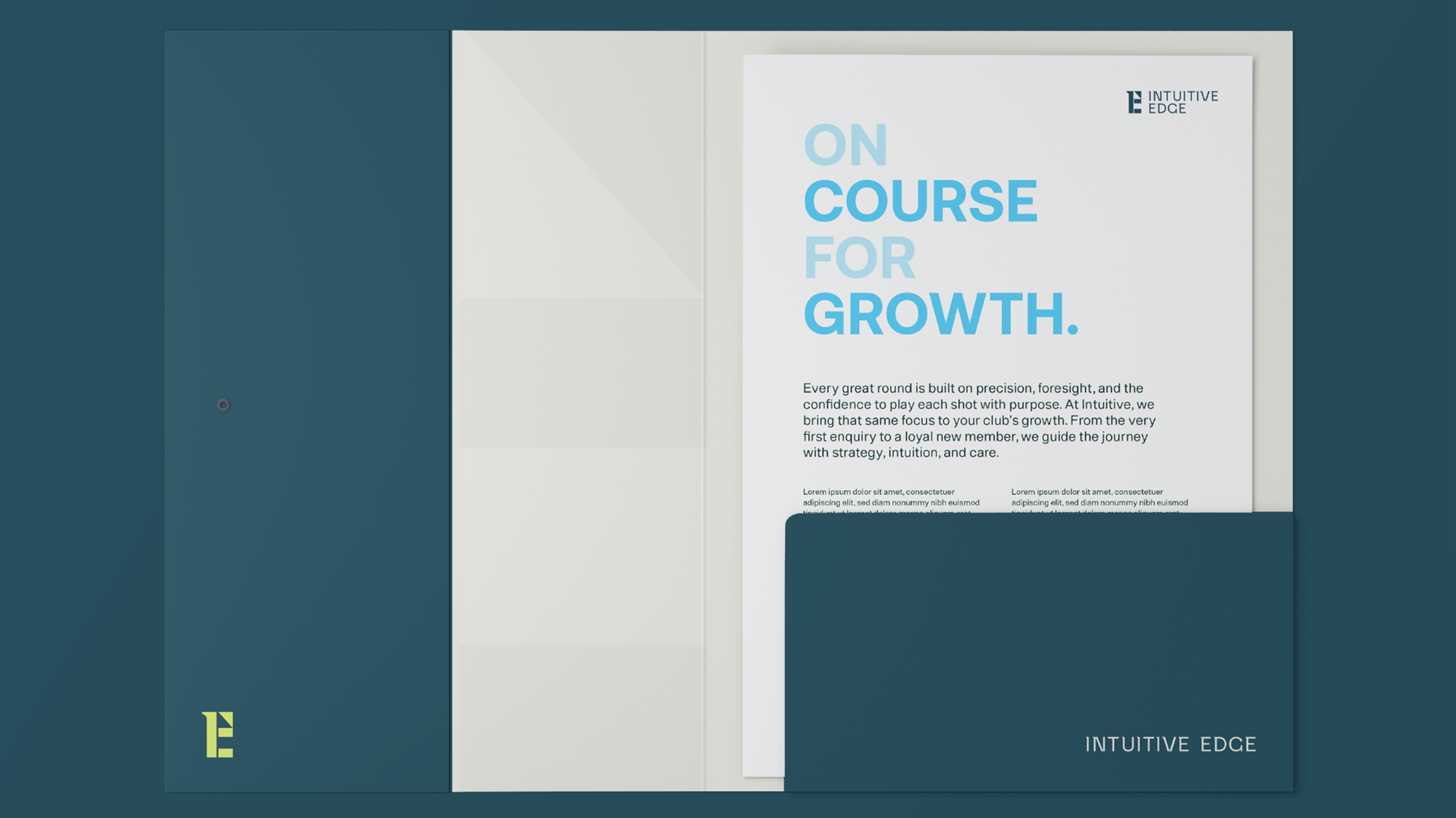 Editorial print design for Intuitive Edge featuring ‘On Course for Growth’ messaging, combining strategy-led branding with clean typography
