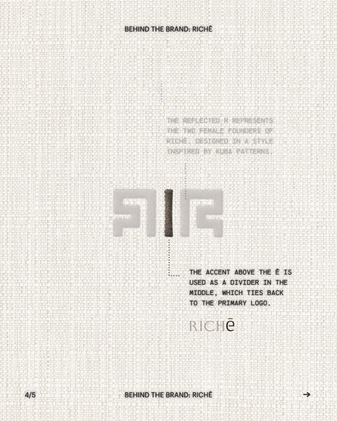 Close-up explanation of the Richē brand mark and accent detail, showing how the geometric symbol and typography connect to the luxury wellness brand identity.