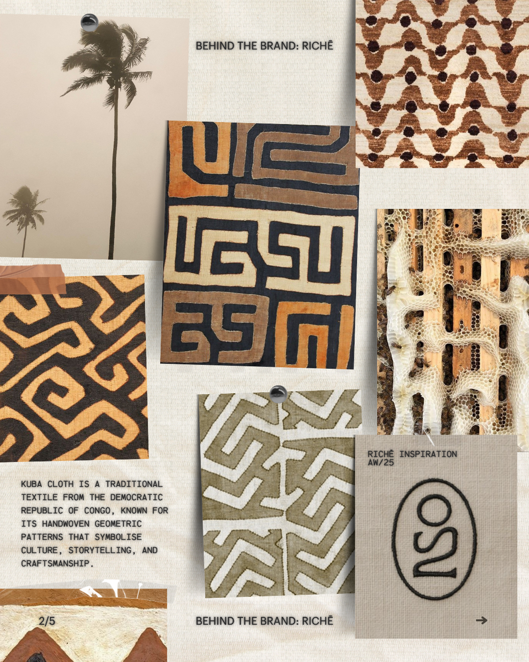 Behind-the-brand Richē inspiration board showcasing Kuba cloth patterns, honeycomb textures, Congolese cultural references, and luxury wellness branding inspiration.