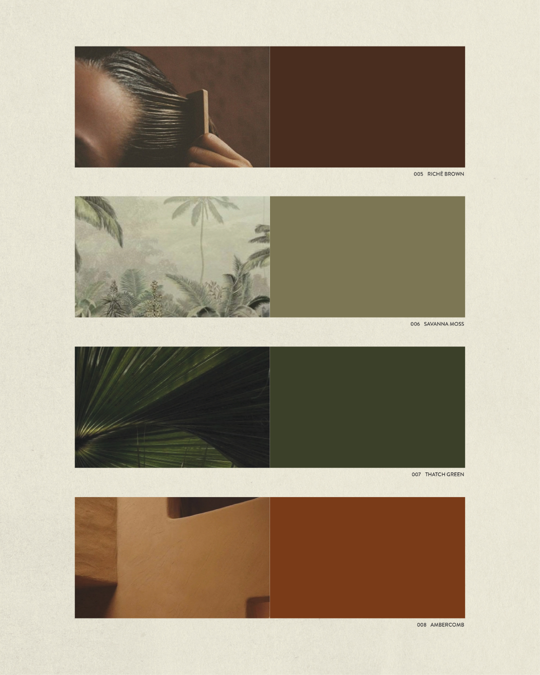 Earth-toned Richē brand colour system with rich browns, moss greens, amber hues, and editorial imagery inspired by Congolese landscapes and natural wellness rituals.