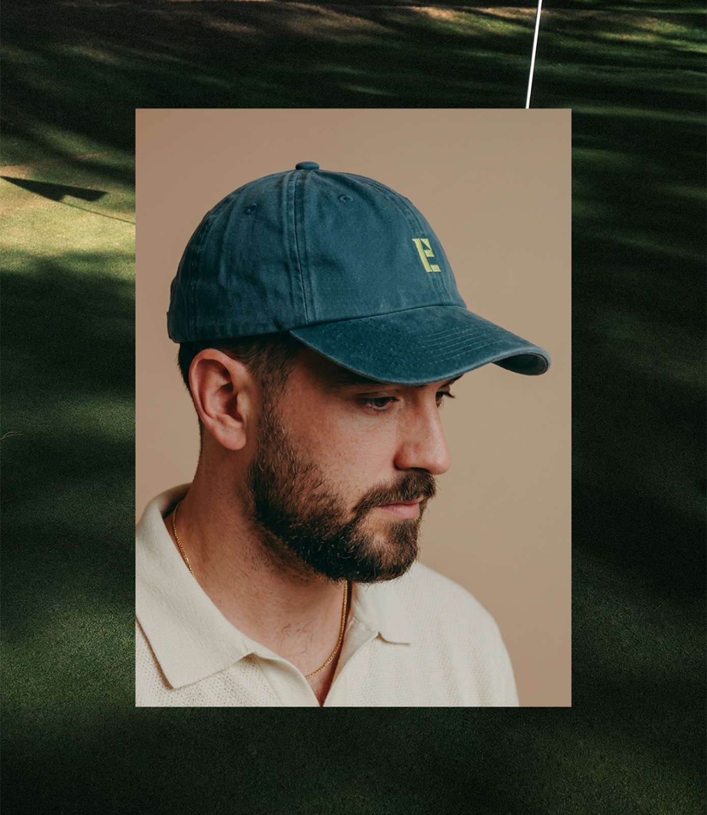 Lifestyle imagery of Intuitive Edge golf brand identity with branded cap, reflecting modern sports marketing and apparel branding