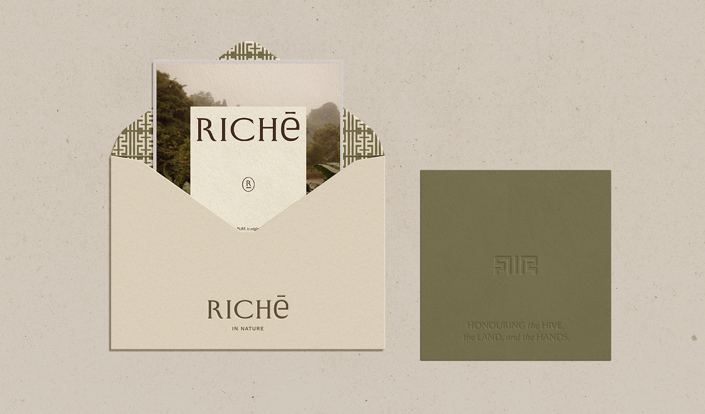 Richē stationery and packaging identity featuring embossed print finishes, earthy green tones, geometric pattern details, and refined wellness branding inspired by Congolese craftsmanship.