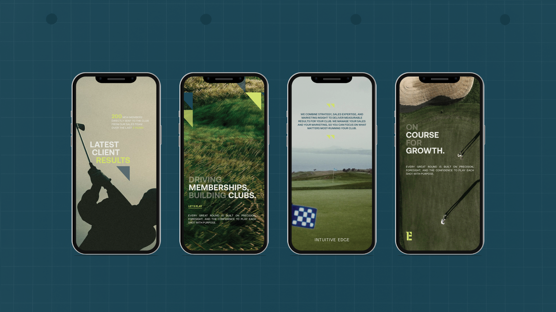 Mobile social templates for Intuitive Edge golf marketing agency showcasing brand identity, messaging and digital user experience