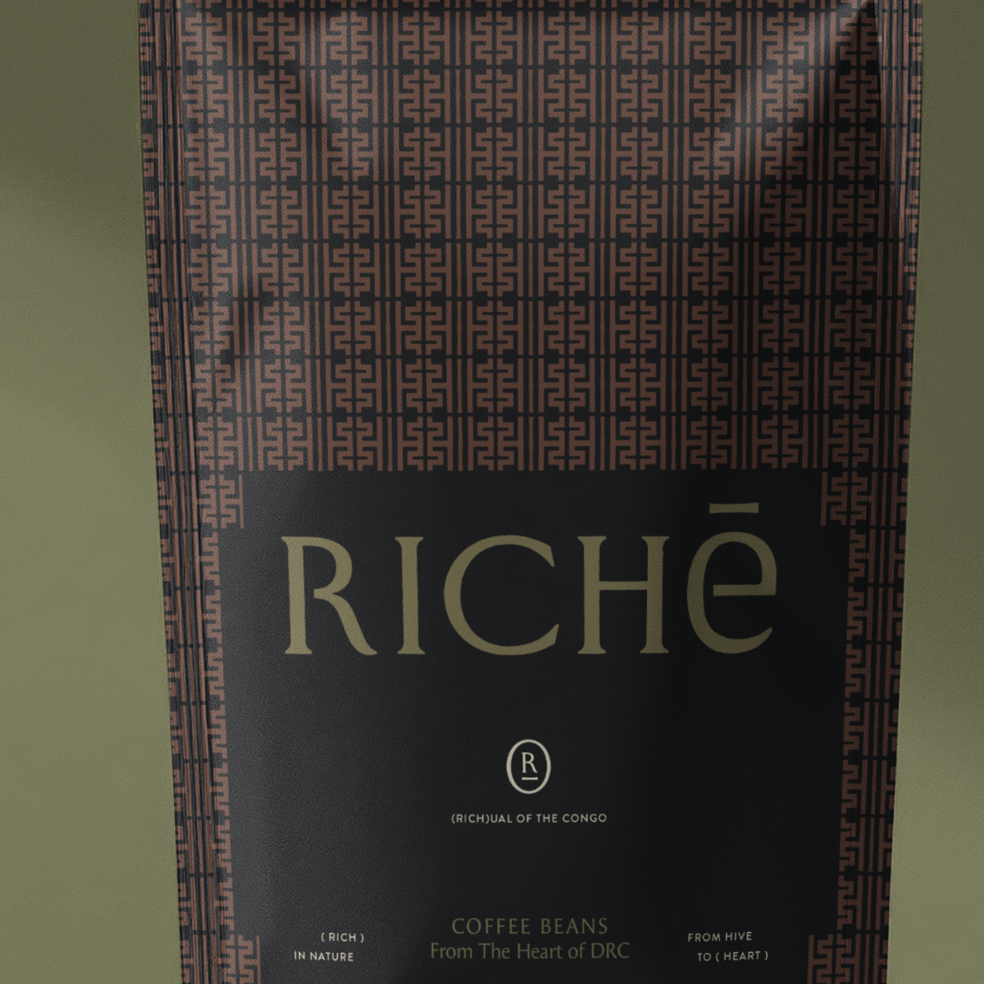 Richē coffee bean packaging design featuring geometric Congo-inspired patterns, luxury serif typography, and earthy premium branding aesthetics.