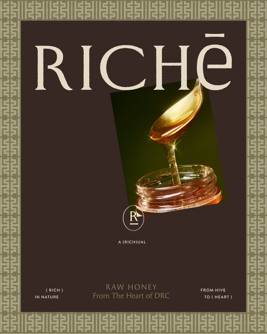 Luxury Richē raw honey design featuring serif typography, geometric Congo-inspired border patterns, and premium editorial honey photography.