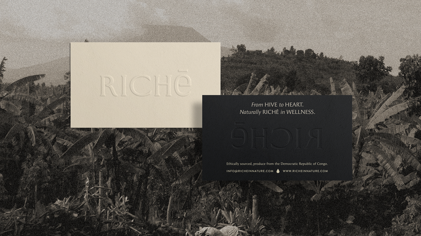 Luxury Richē brand identity presentation featuring embossed business cards, monochrome Congo landscape photography, and elevated wellness branding inspired by nature and culture.