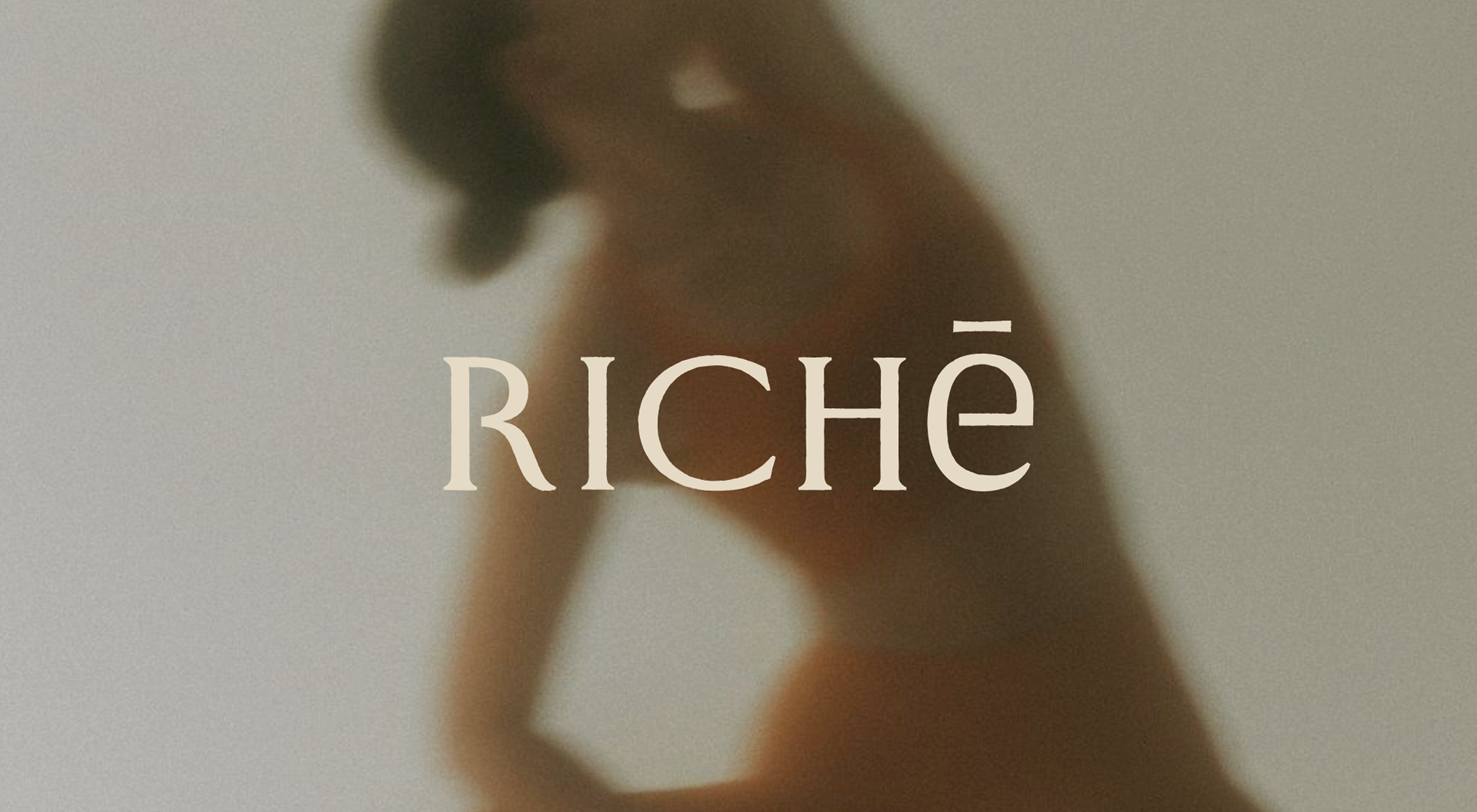Editorial campaign image for Richē wellness brand featuring soft-focus silhouette photography and minimalist luxury typography in warm earthy tones.