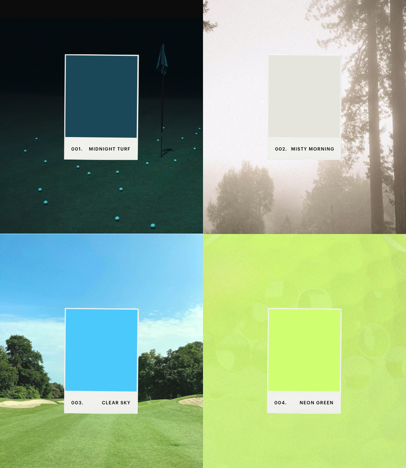 Intuitive Edge brand colour palette inspired by golf course landscapes, including midnight turf, misty morning, clear sky and neon green