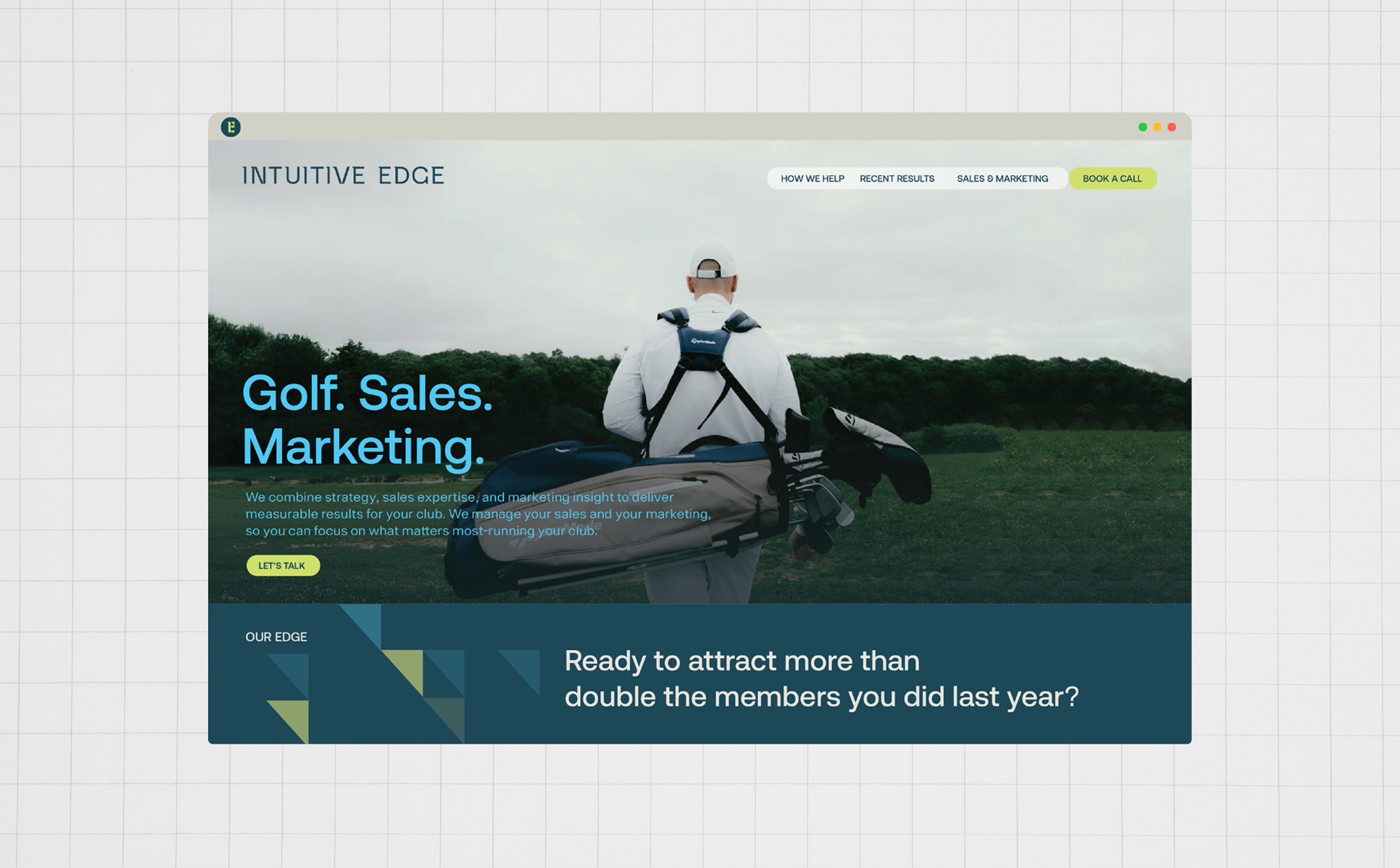 Website homepage design for Intuitive Edge golf marketing agency showcasing branding, messaging and user interface design