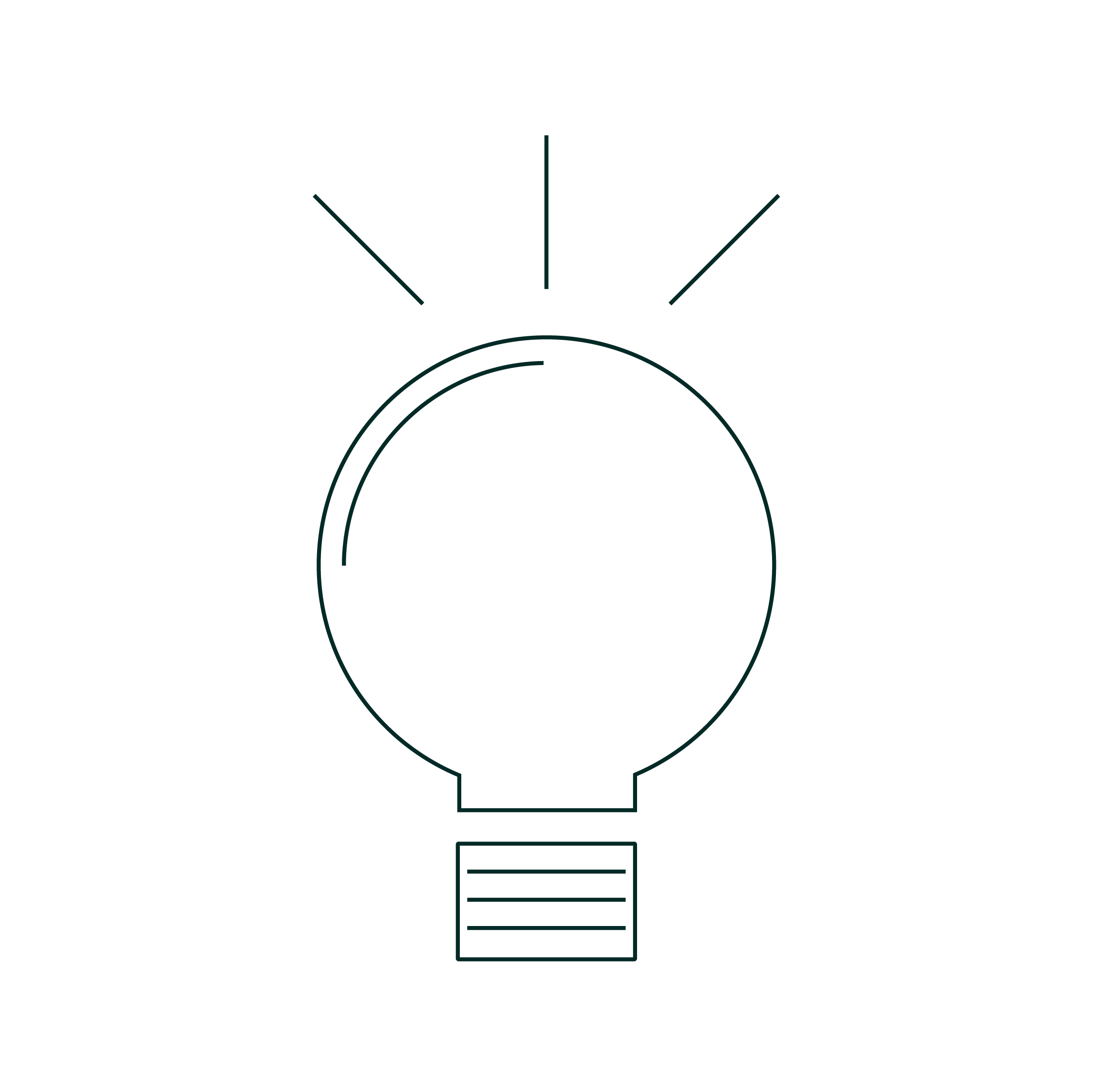Line drawing of a light bulb with rays emanating from it.