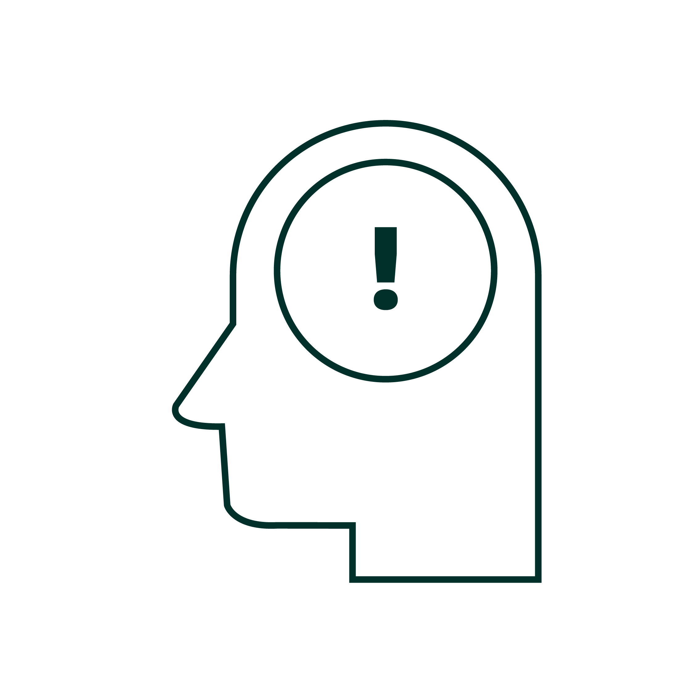 Outline of a human head with a large exclamation mark inside a circle on the brain area.