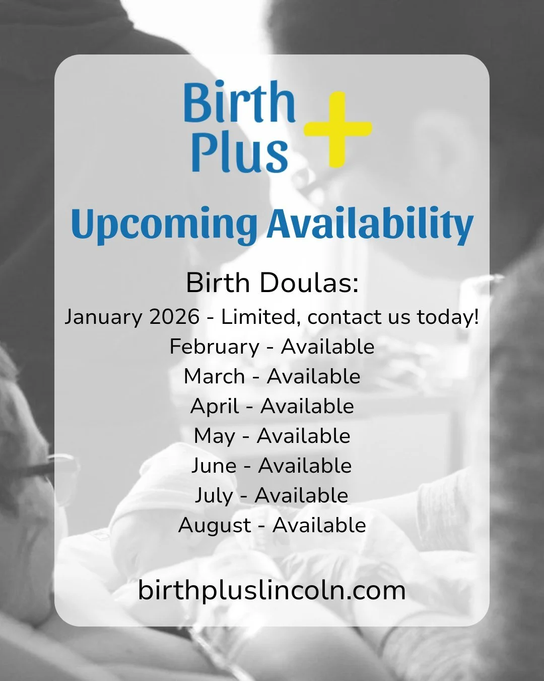 Expecting a baby (or twins?) in 2026? Looking for your doula? Here's our team's upcoming availability for birth and postpartum support! We support families who reside in the Lincoln, Nebraska area, and attend births at both Lincoln hospitals!

When y