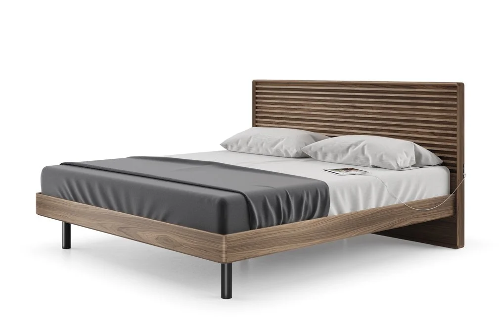 Side angle of Cross-LINQ modern walnut platform bed with horizontal slat design on white background