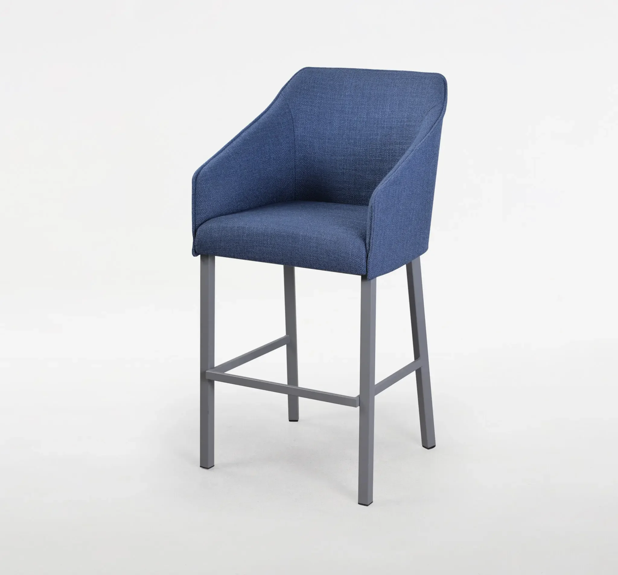 Sarah II Stool in blue fabric with sleek black legs – front angle view