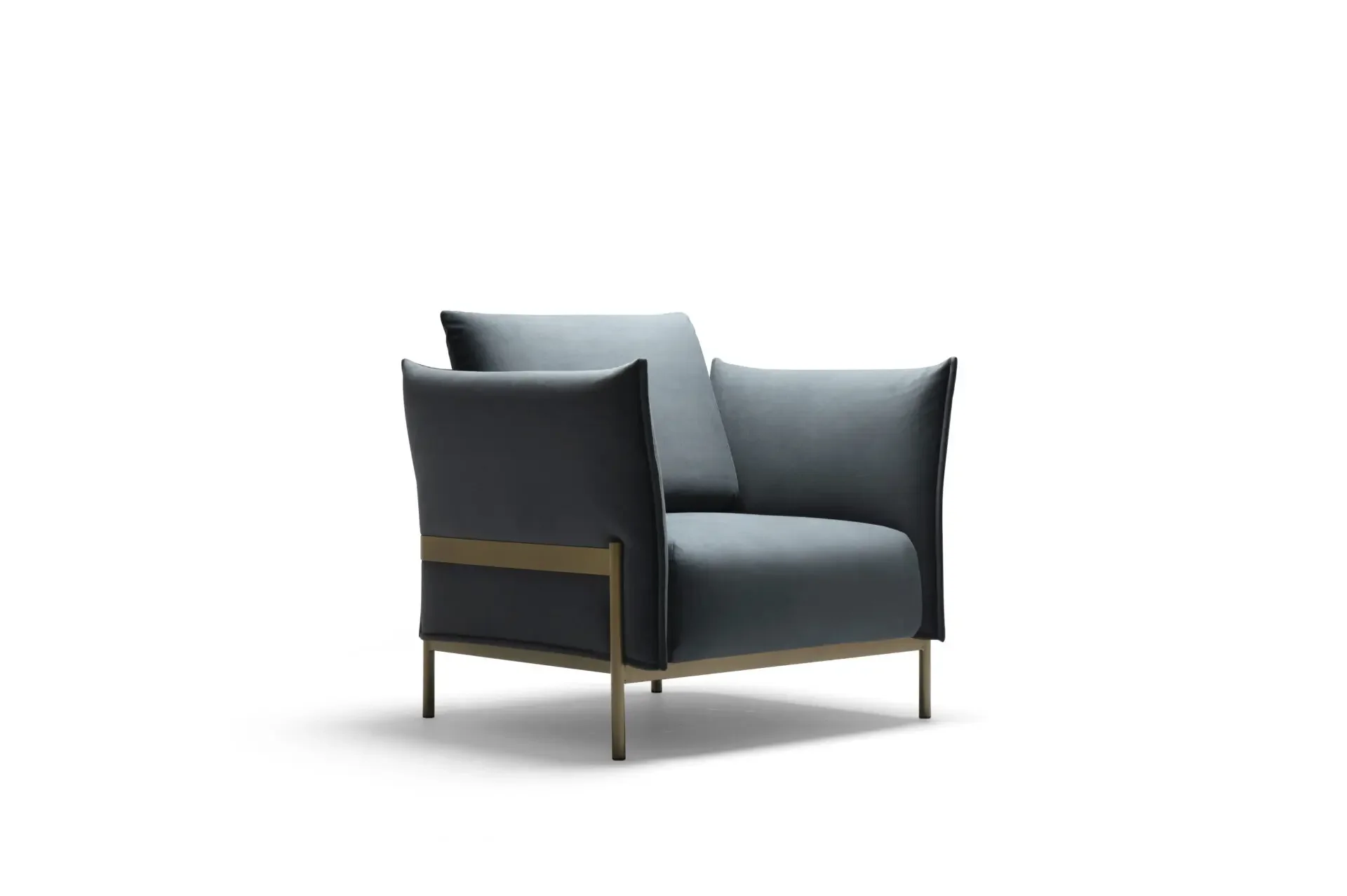 Angled view of Trica Le Beaumont Chair with dark upholstery and brass-finished frame