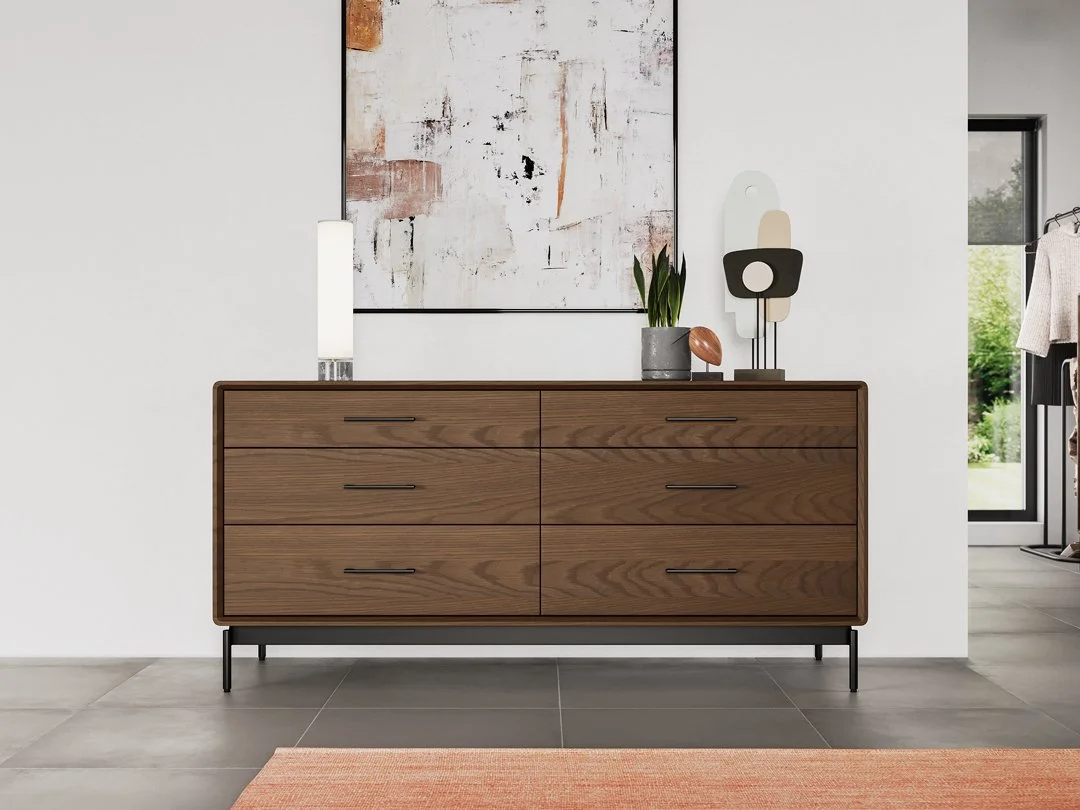 LINQ 6-Drawer Dresser in a modern home environment with artwork and decor on top