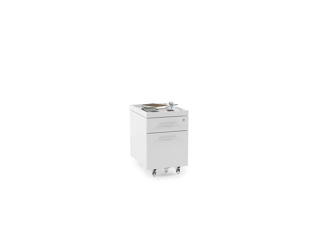 Centro file pedestal shown with office accessories on top, compact storage with clean modern look