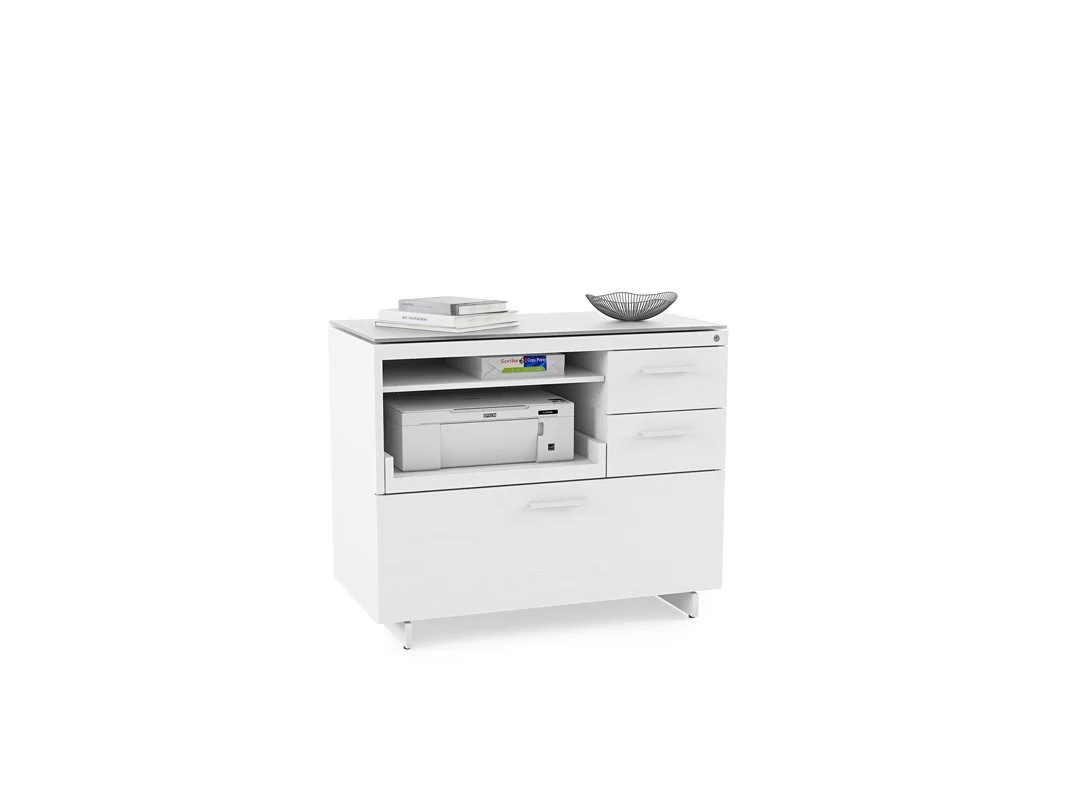 Centro cabinet with printer and supplies inside compartments, compact modern storage unit