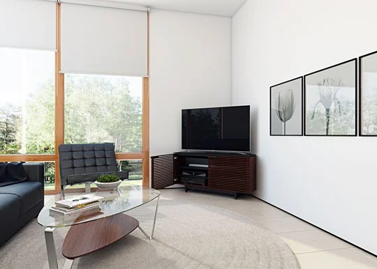 Corridor Corner Media Cabinet in a minimalist living room corner setup with large windows