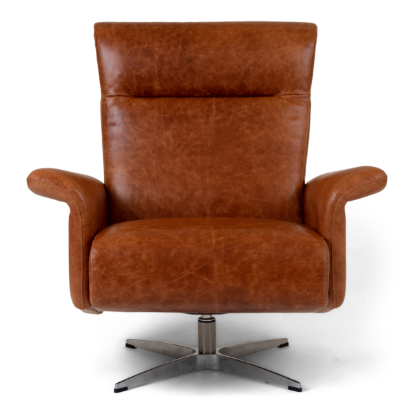 Front view of the Harlowe Chair in rich brown leather with swivel base