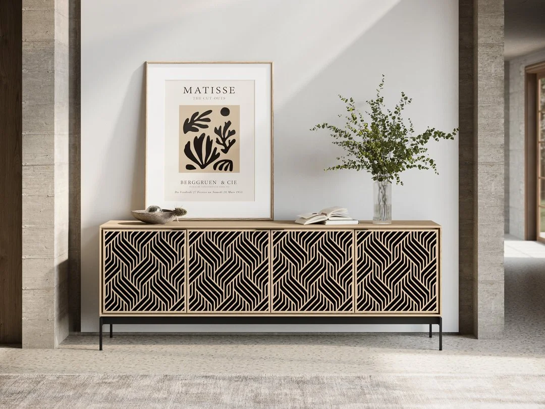 Styled image of Elements Weave Cabinet in modern home with framed art and greenery