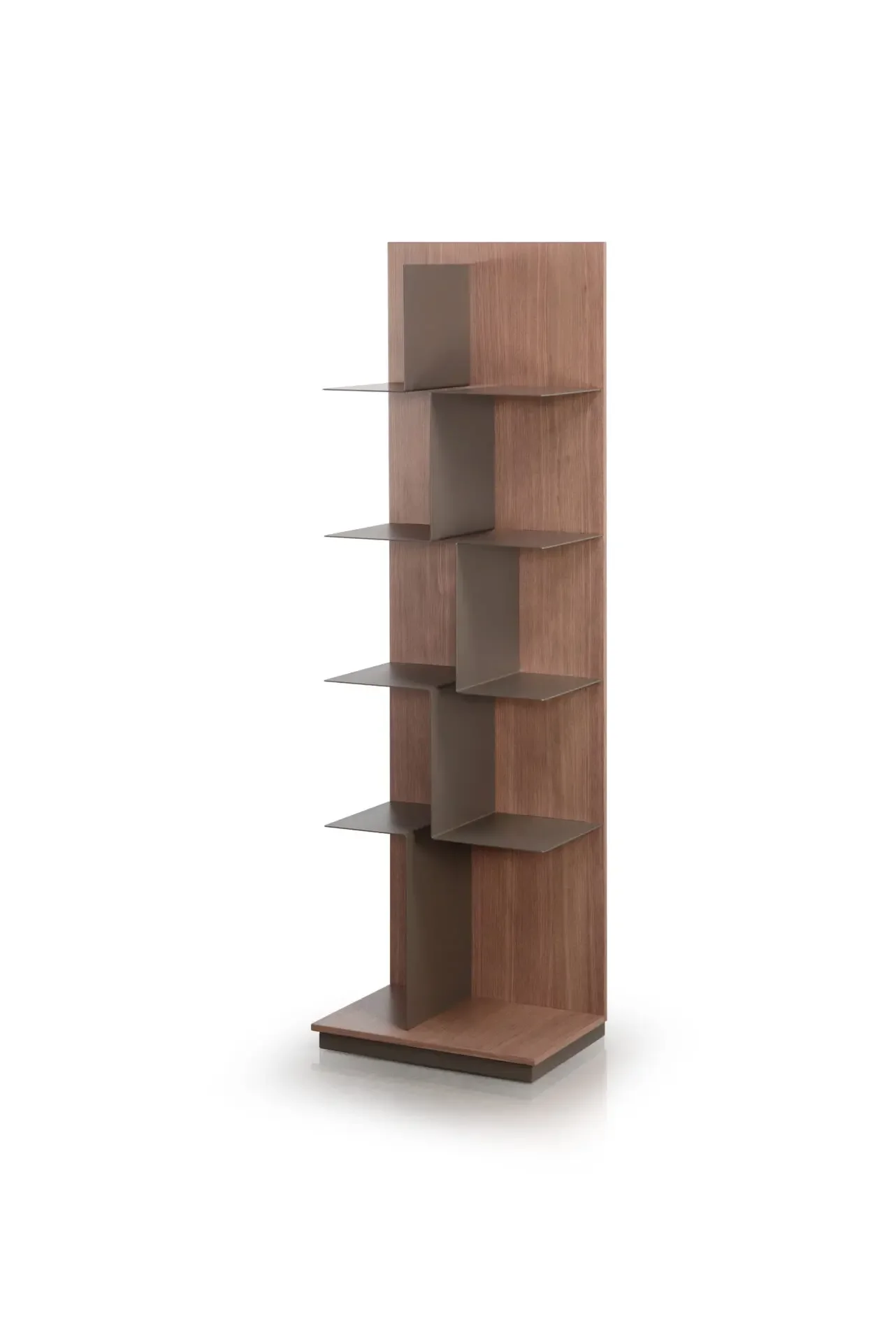 Trica Maze Shelving Unit in warm wood finish with multiple staggered shelves
