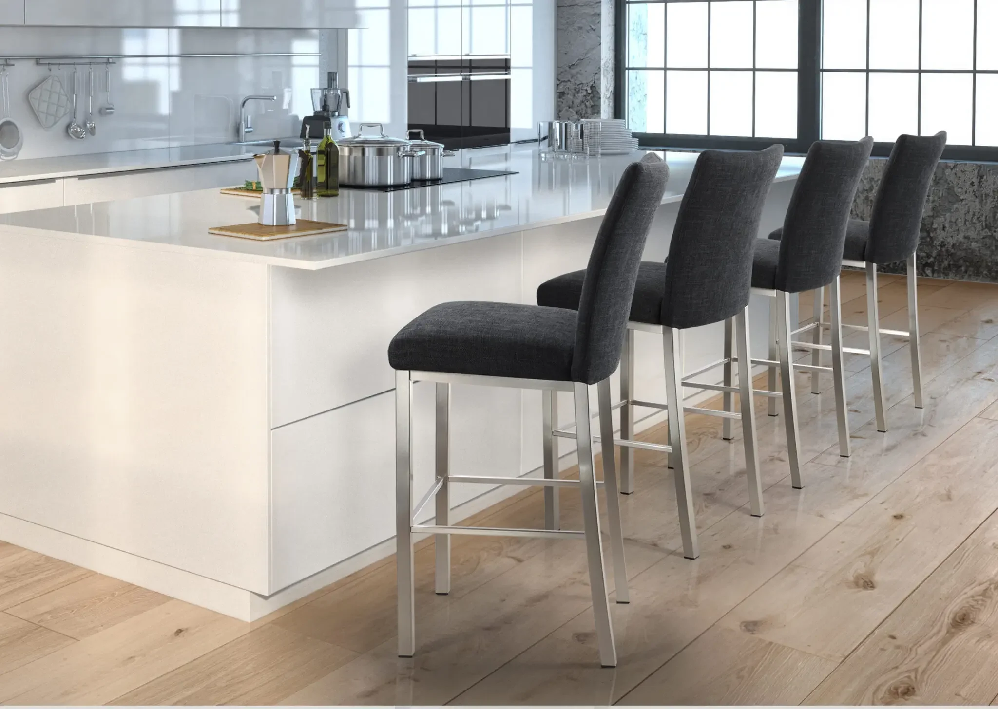 Modern kitchen island with multiple Trica Biscaro Counter Stools in grey fabric upholstery