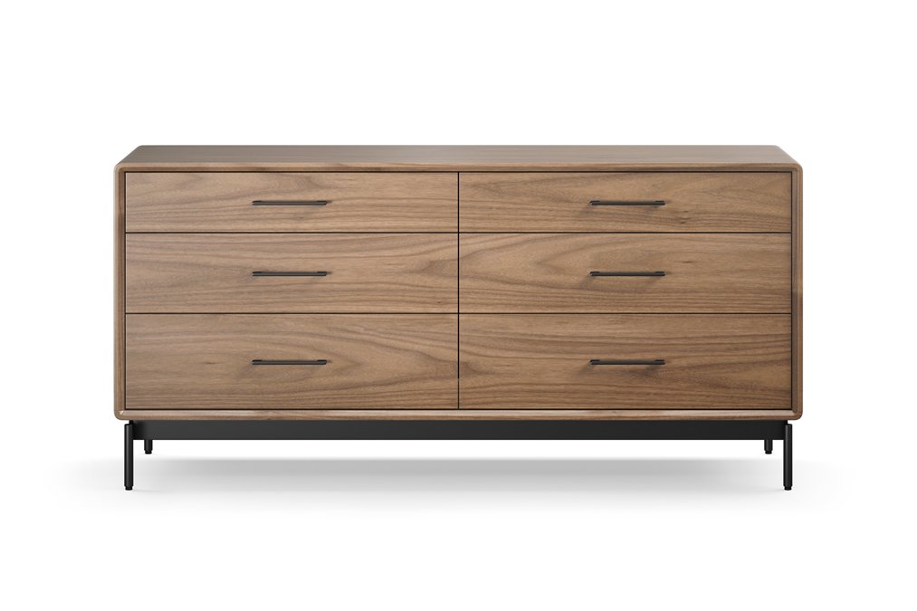 Front view of LINQ 6-Drawer Dresser in natural walnut finish with black base and modern drawer pulls