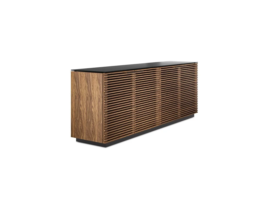 Angled side view of the Profile Quad Console showcasing modern wood slat design