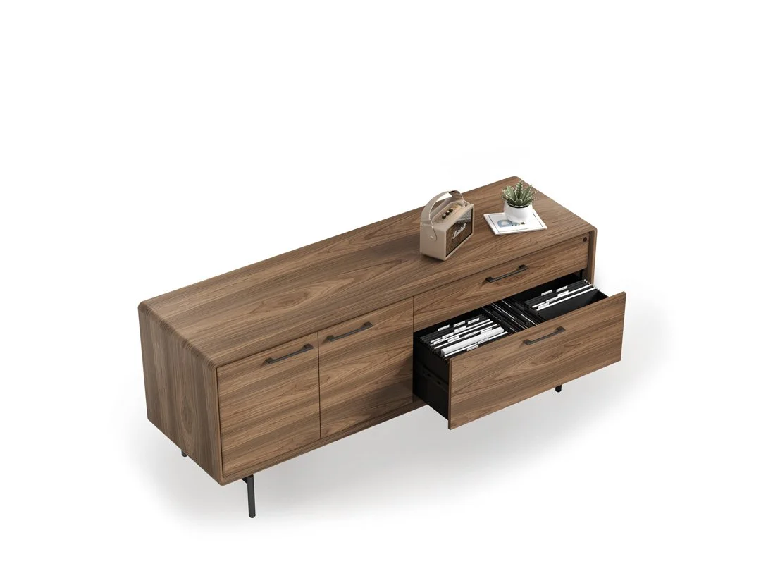 LINQ credenza showing open drawers revealing file and storage compartments