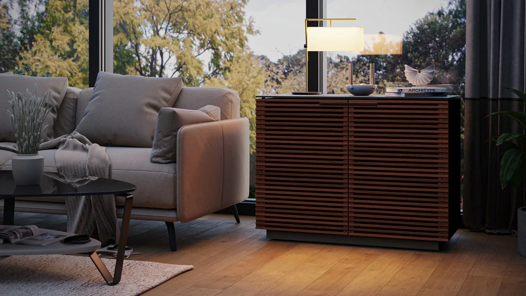 Corridor Double-Door Cabinet styled in a cozy living room next to a lounge chair