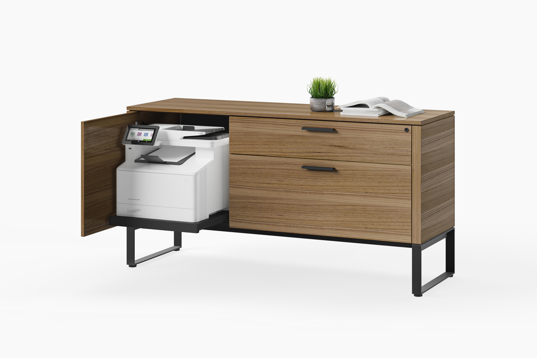 Walnut Linea cabinet with right door open and paper shredder inside