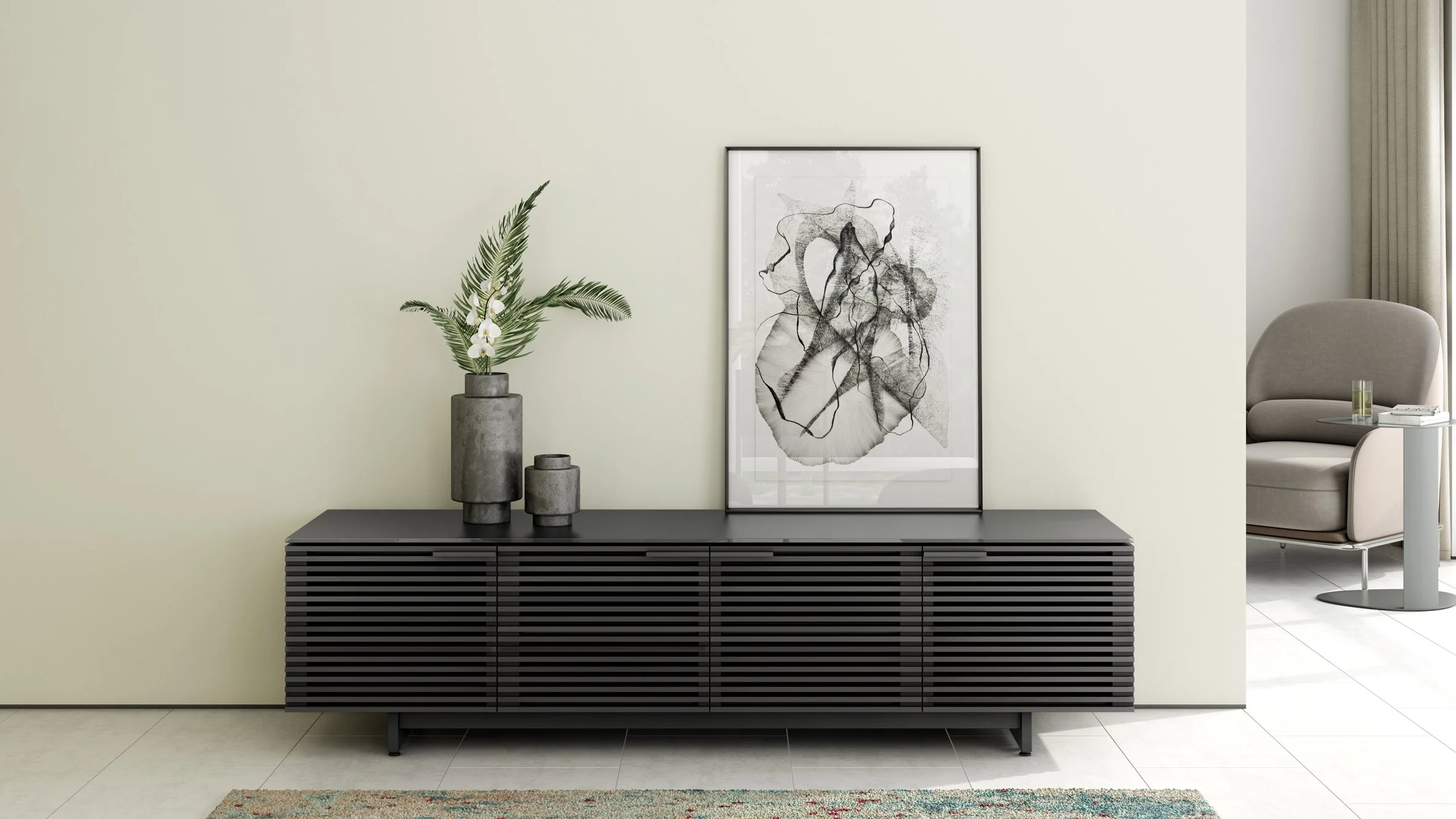 Corridor Low Media Console styled in a minimalist living room with wall art and greenery